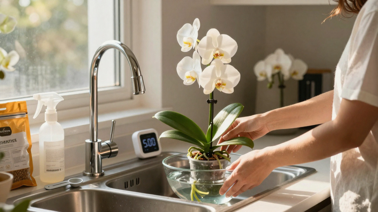 Person placing white orchid in clear bowl of water on kitchen sink counter near window at 5:00 pm.
