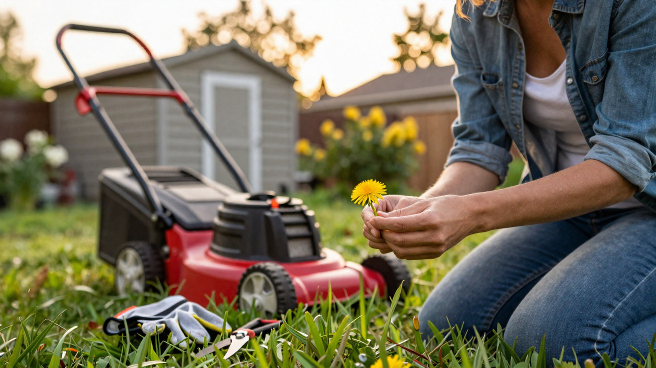 Person holding a yellow dandelion flower kneeling on grass next to a red lawn mower and gardening gloves.