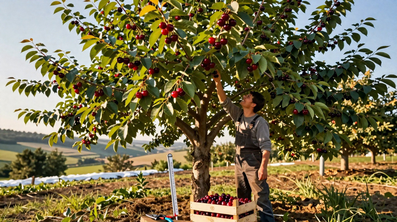 Person picking ripe cherries from a tree in a sunny orchard with crates of fruit on the ground.