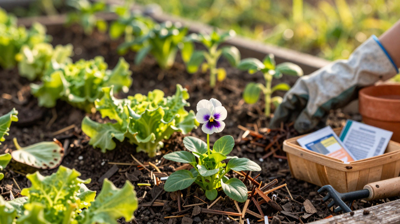 Single white and purple pansy planted among lettuce in a garden with gardening tools nearby.