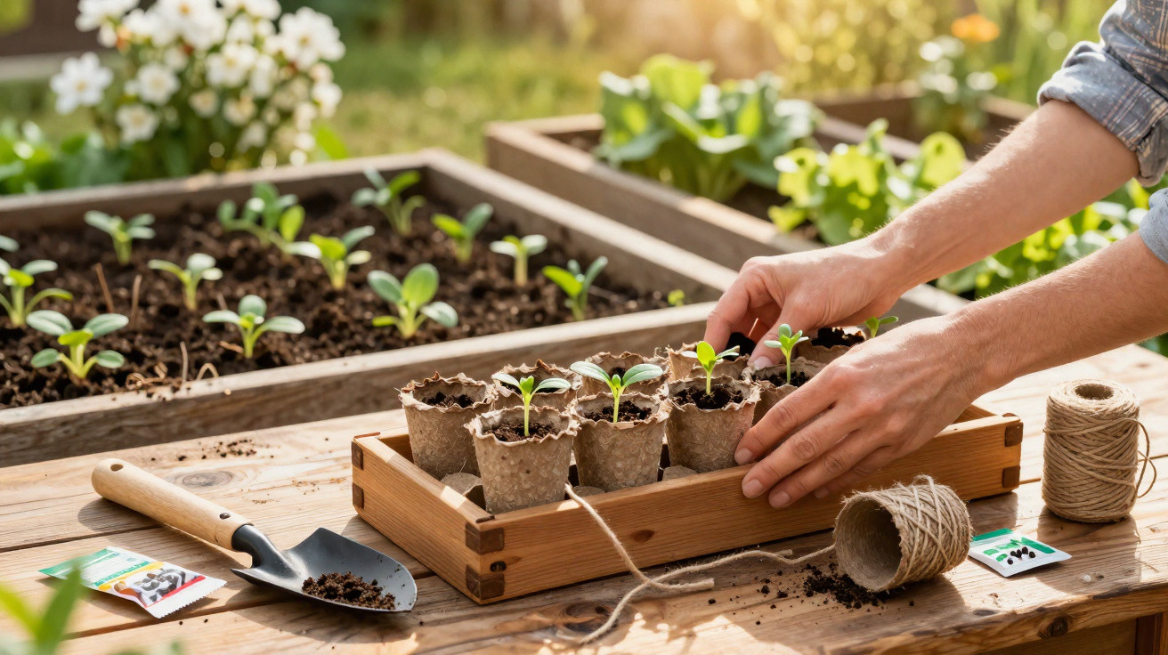 Hands planting seedlings in biodegradable pots on a wooden table with gardening tools and seed packets nearby.