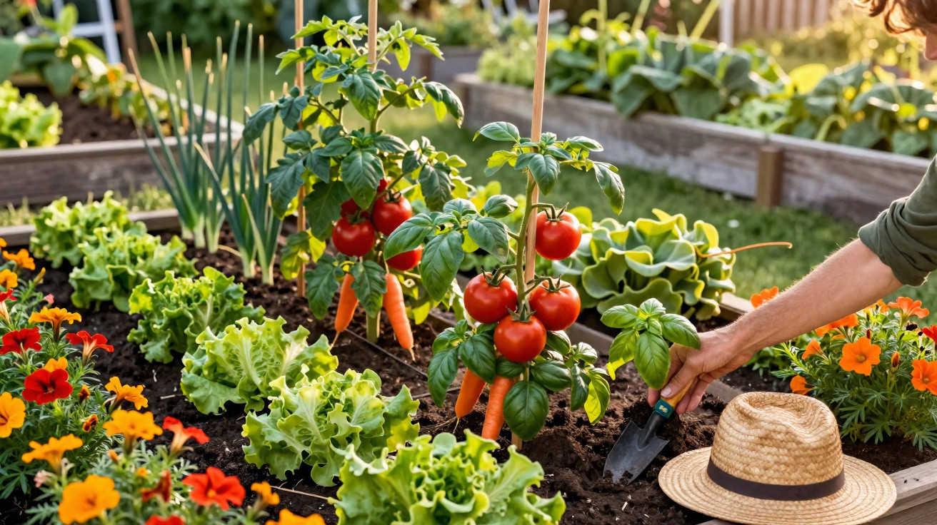 Raised vegetable garden bed with tomatoes, carrots, lettuce, flowers, and a person gardening with a trowel.