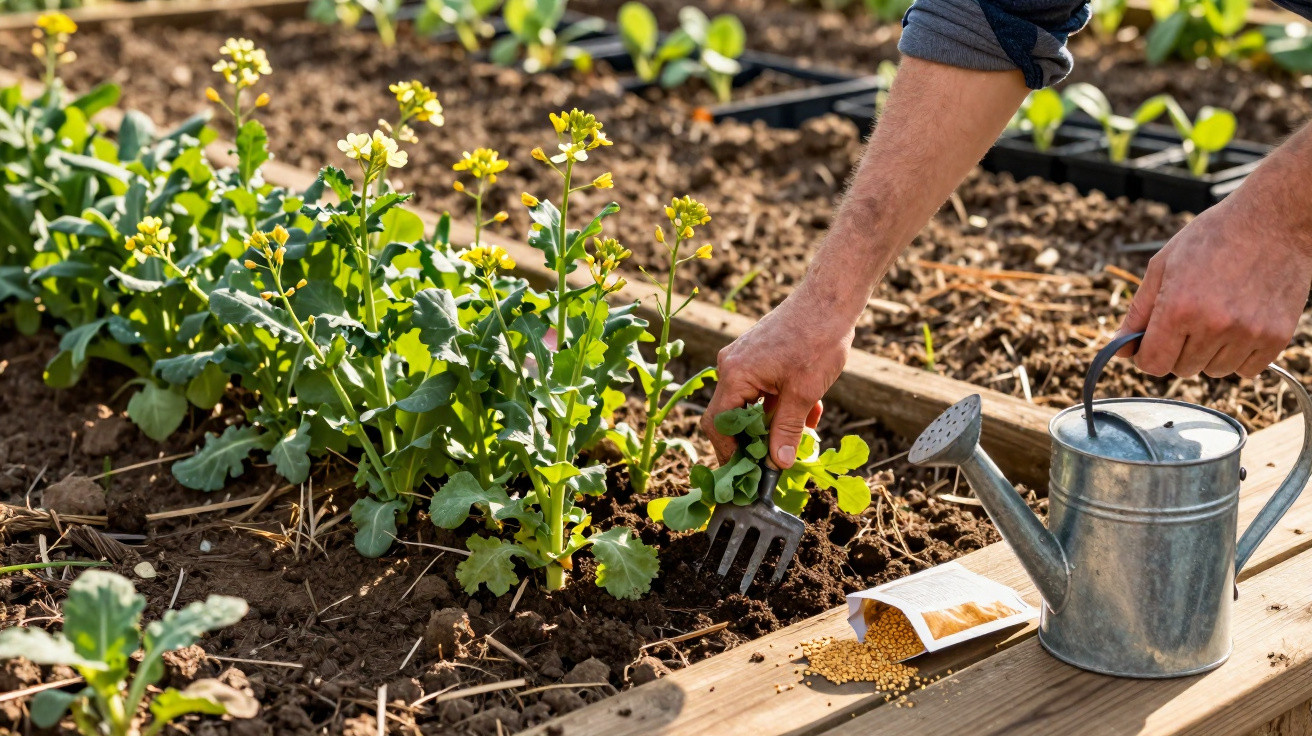 Person using a hand fork to tend leafy green plants in a garden bed with a watering can and seeds nearby.