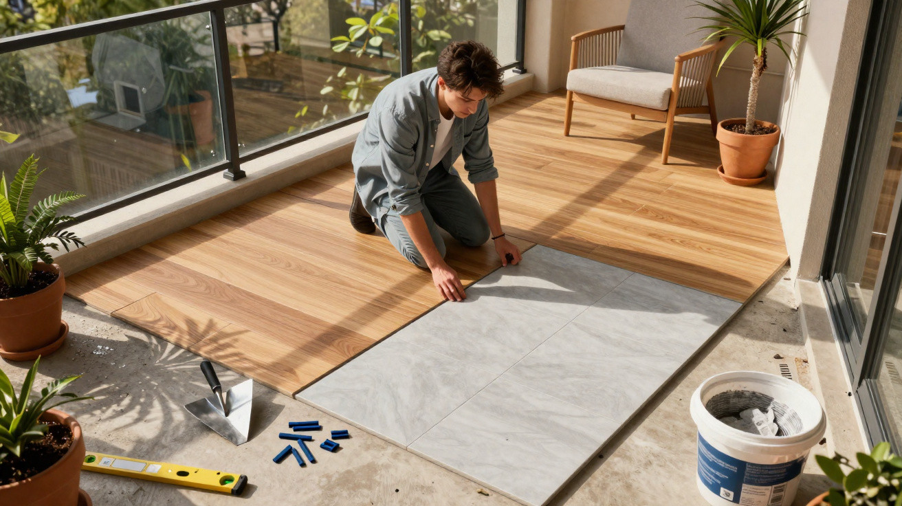 Person installing grey stone tiles on a wooden-floored balcony with plants and furniture nearby.