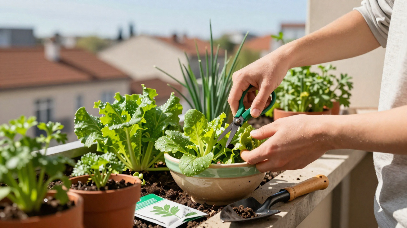 Hands using scissors to harvest leafy greens from a bowl on a balcony garden with potted plants nearby.