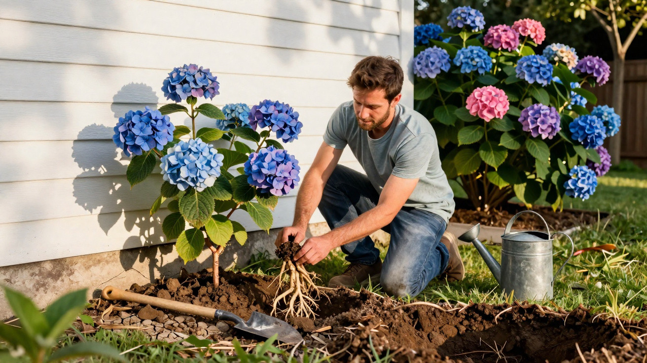 Man planting hydrangea flowers in a garden bed beside a white house on a sunny day