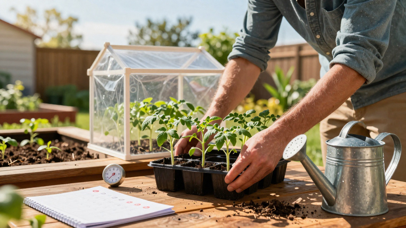 Person tending to seedlings on a garden table with watering can, thermometer, and small greenhouse in background.