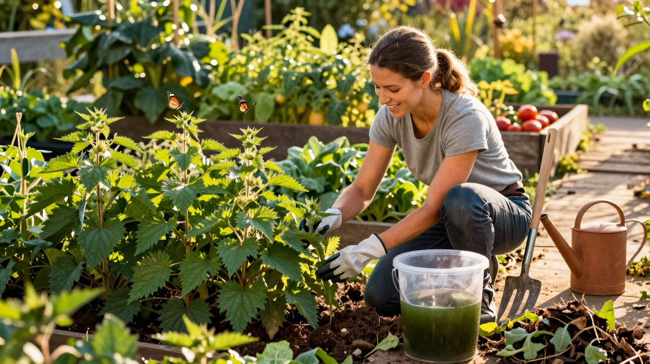 Woman gardening in a sunny allotment planting nettles with butterflies nearby and gardening tools around her.