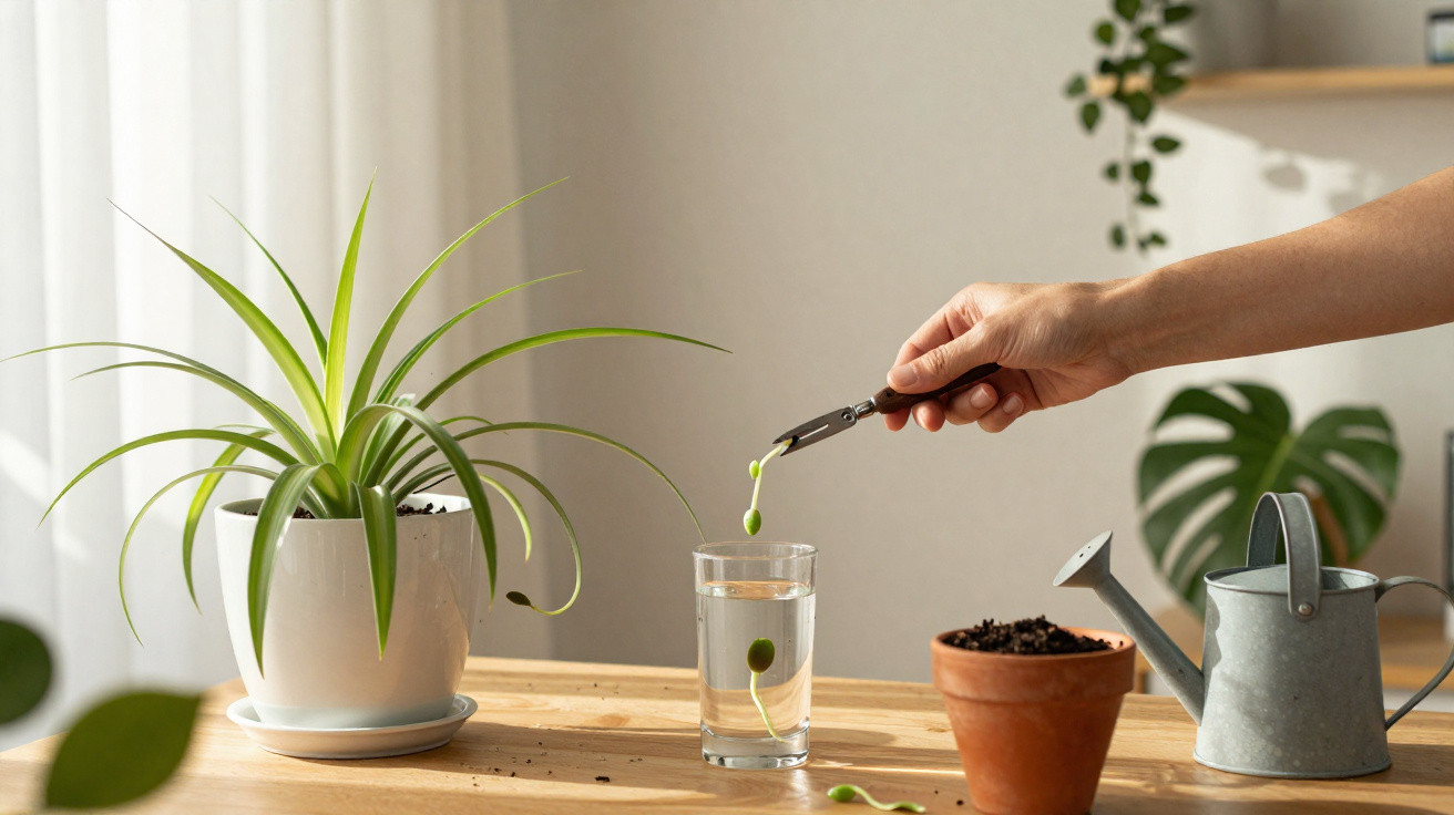 Hand holding tweezers lifting a sprouted seed from a glass of water on a wooden table with plants.