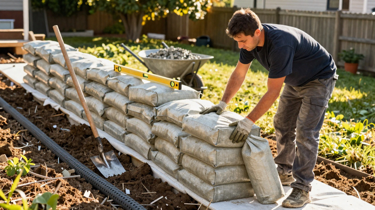 Man stacking sandbags outdoors, with a level tool and gardening shovel nearby in a garden setting.