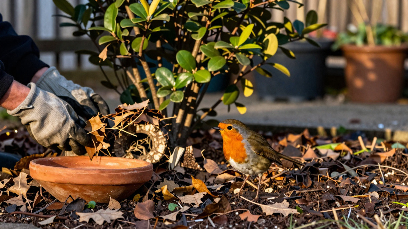 Person wearing gloves cleaning a garden bed with fallen leaves and a robin nearby.