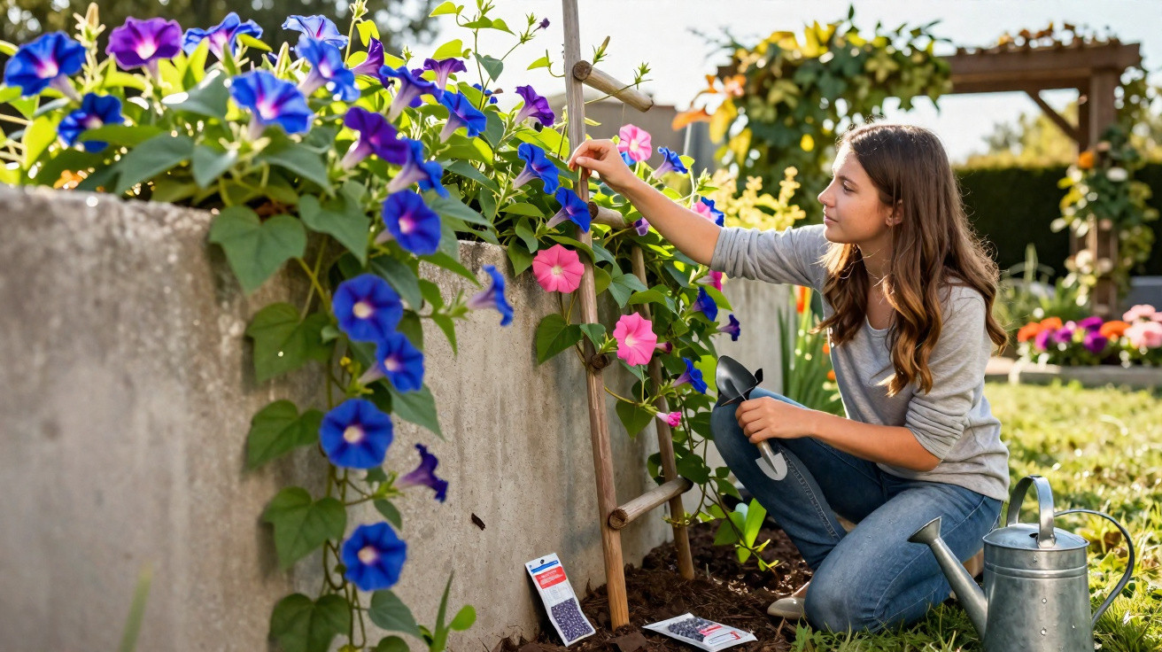 Young woman tending to blooming morning glories in a garden with a watering can nearby on a sunny day