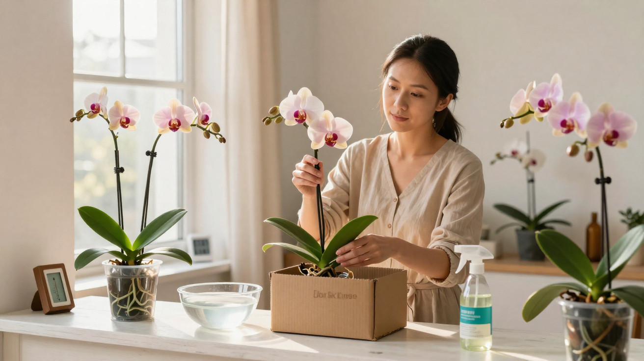 Woman repotting a white and pink orchid on a kitchen counter with several orchids and gardening supplies nearby.