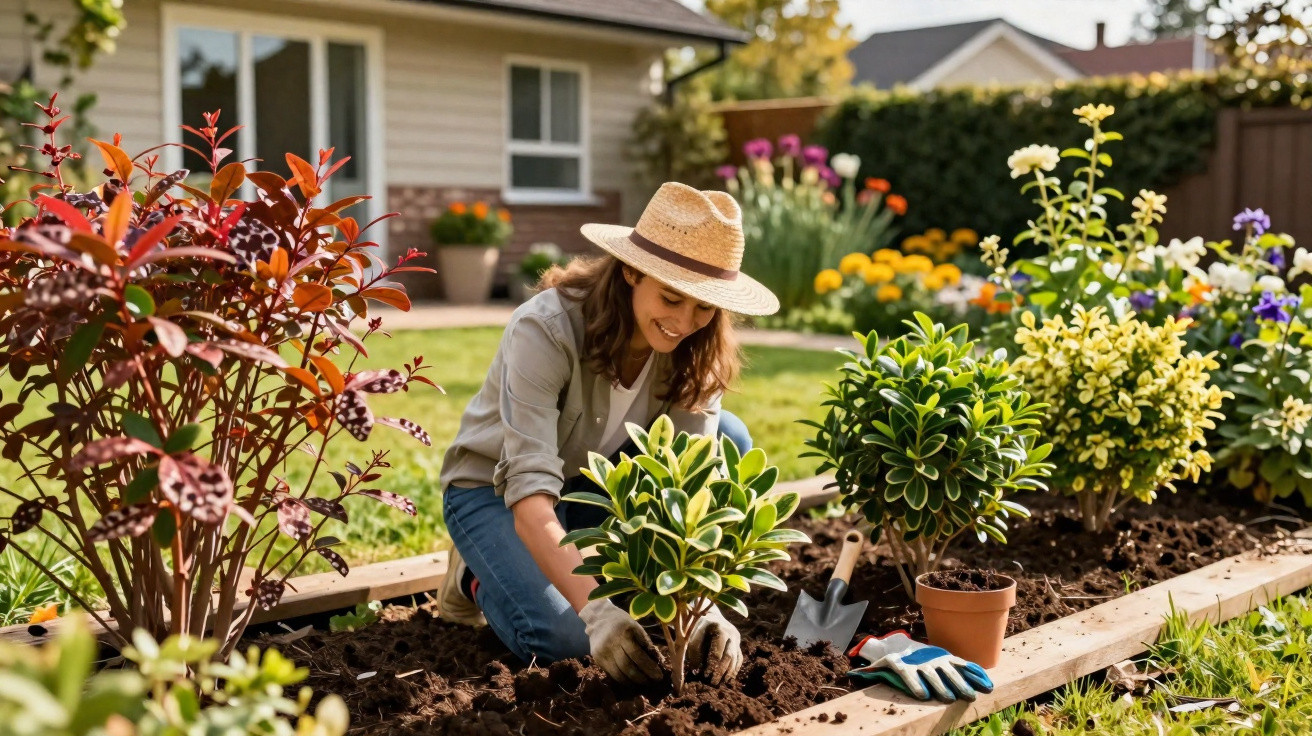 Woman wearing a straw hat planting shrubs in a raised garden bed in a sunny backyard with flowers in bloom.