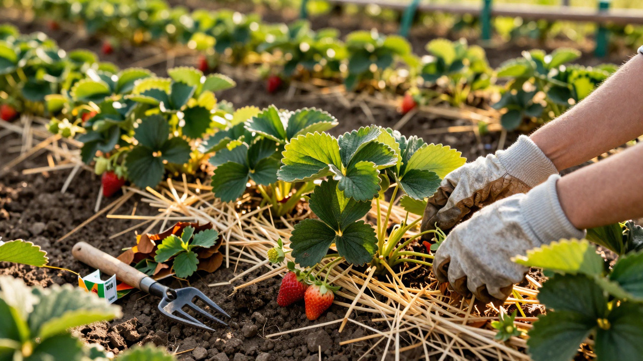 Hands wearing gardening gloves tending to ripe strawberries growing in a garden bed with straw mulch.