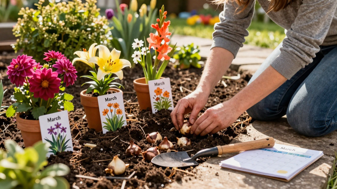 Person planting flower bulbs in a garden bed beside labelled pots and a March calendar on a sunny day.