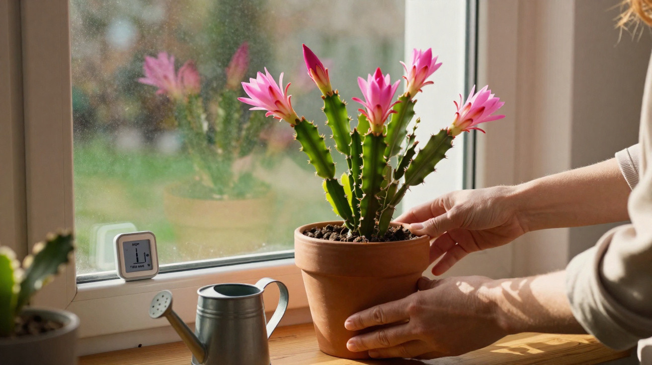 Hands arranging a potted cactus with pink flowers on a sunny windowsill beside a watering can and a thermometer.