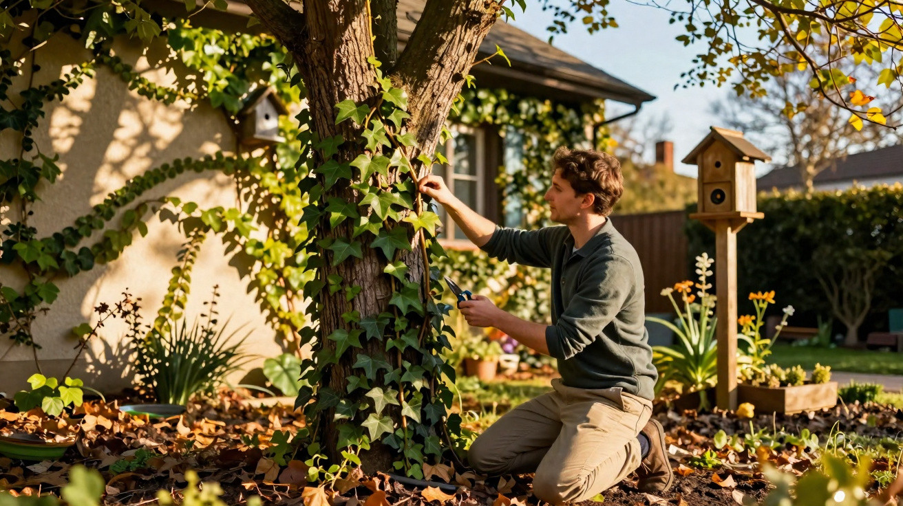 Man kneeling and trimming ivy growing on a tree in a sunny garden near a birdhouse.