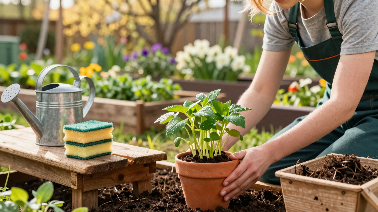 Person planting a green seedling in a terracotta pot in a garden with raised beds and watering can nearby.
