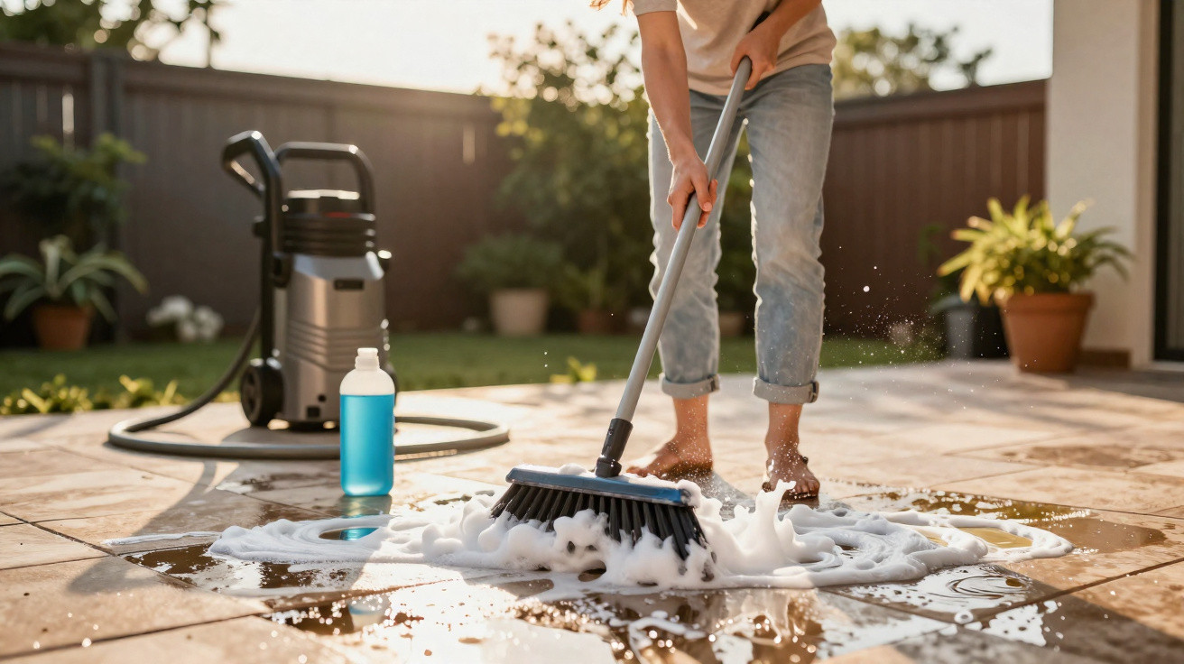 Person cleaning outdoor tiled patio with soapy water and a brush near a pressure washer and bottle of cleaner.