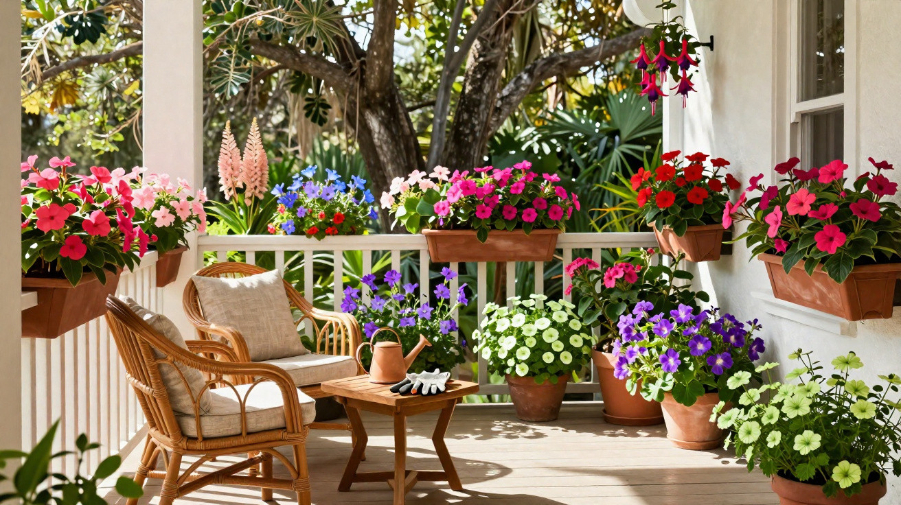 Sunlit porch with wicker chairs, wooden table, and colourful potted flowers hanging on white railing.