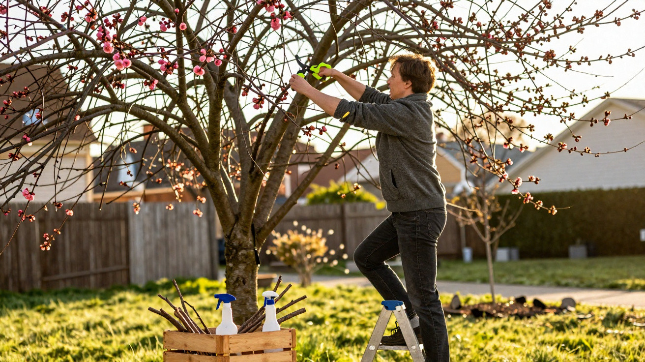 Person pruning a blossoming tree in a sunlit garden using secateurs while standing on a small ladder.