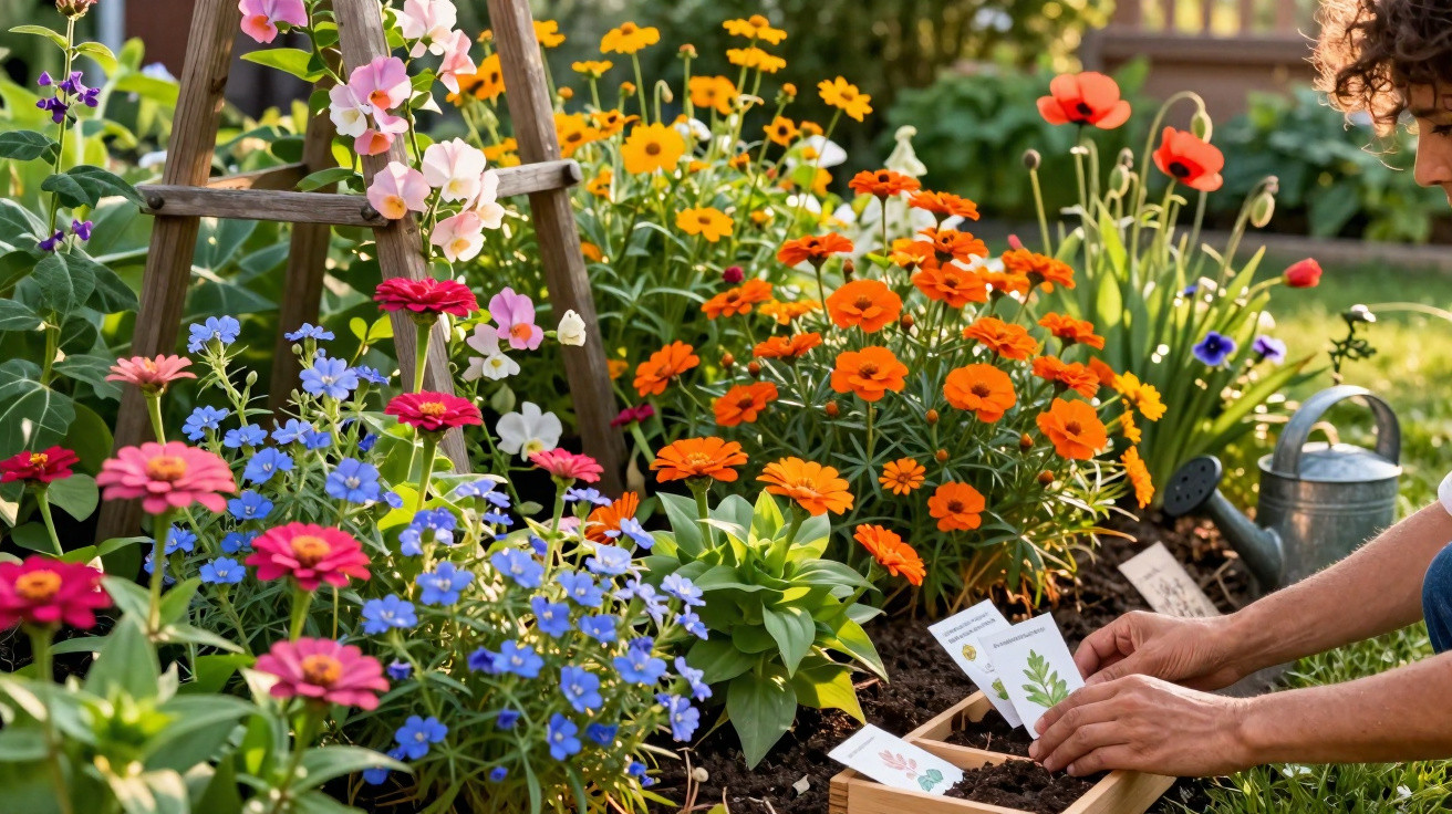 Colourful flower garden with orange, pink, blue, and purple blooms and a person planting seeds in soil.