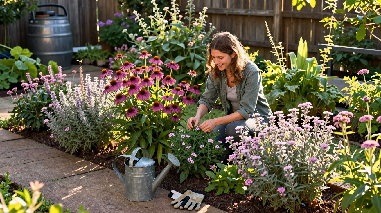 Woman tending to purple and pink flowering plants in a sunlit garden with gardening tools nearby.