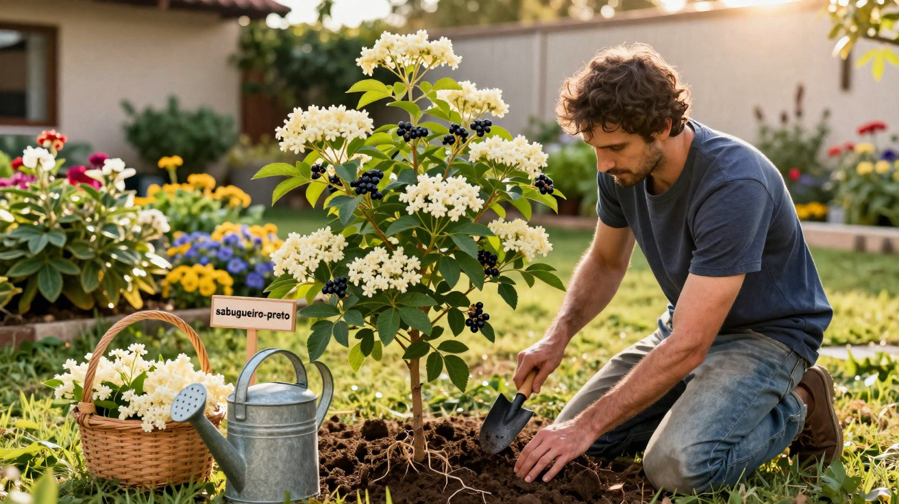 Man planting a blooming elderberry bush in a sunny garden with watering can and flower basket nearby.