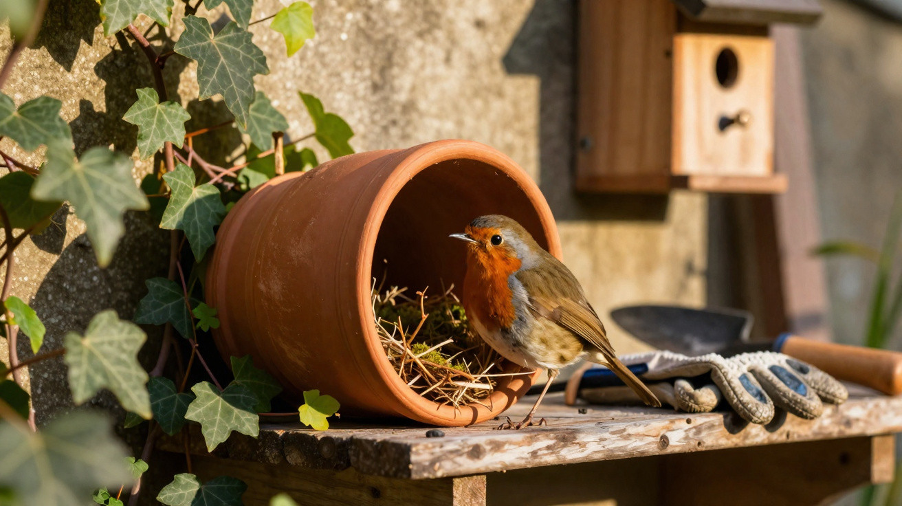 Robin perched on a wooden shelf next to an overturned terracotta pot and garden gloves under sunlight.