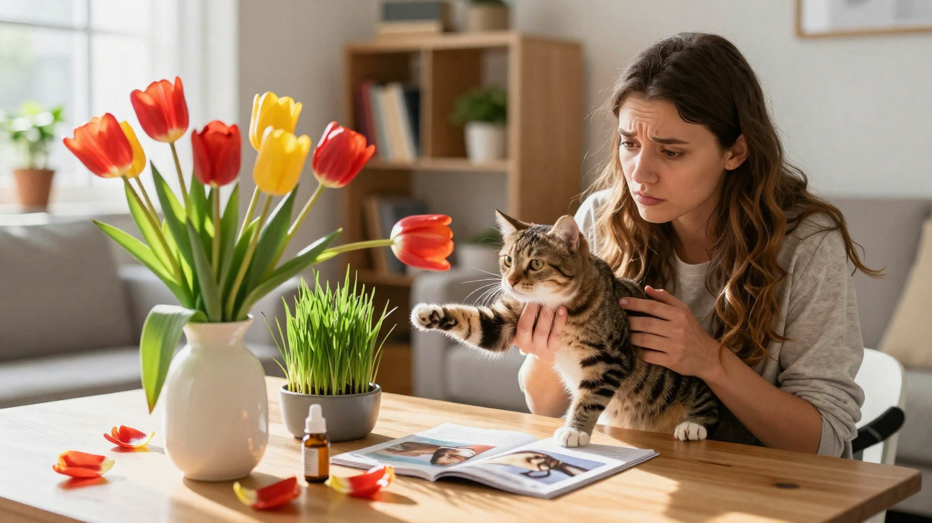 Woman holding a tabby cat reaching toward red and yellow tulips on a wooden table in a living room.