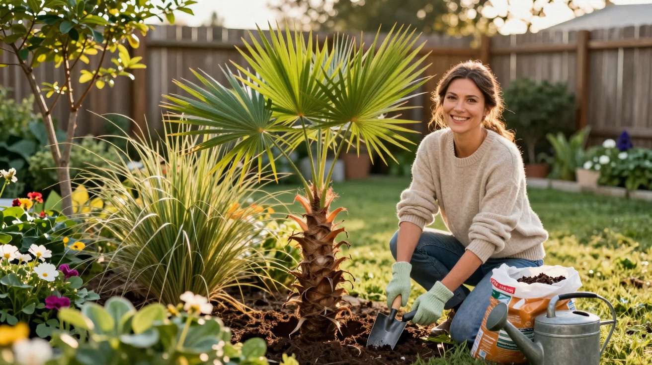 Woman smiling while gardening near a small palm tree with gardening tools and plants around her.