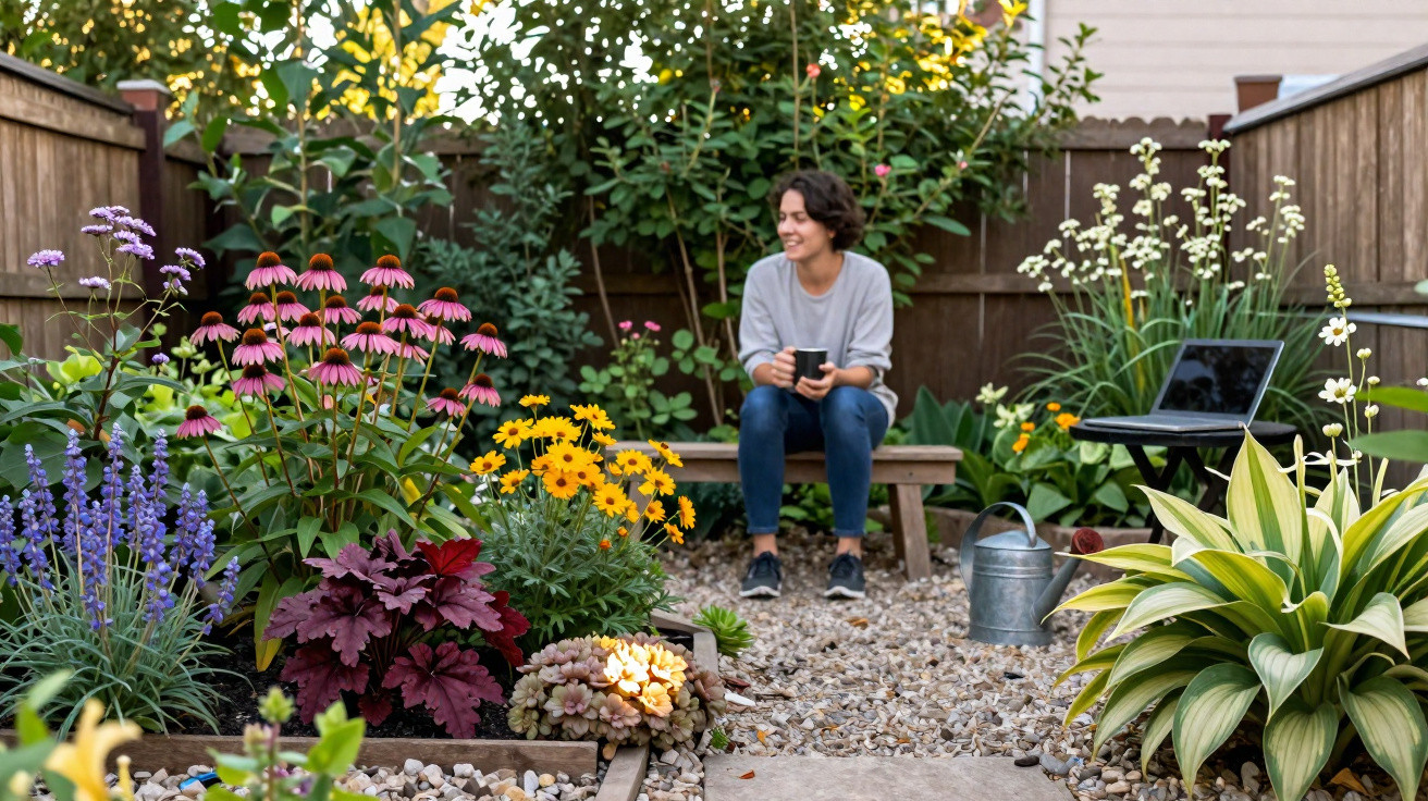 Person sitting on a bench in a garden surrounded by colourful flowers, with a watering can and laptop nearby.