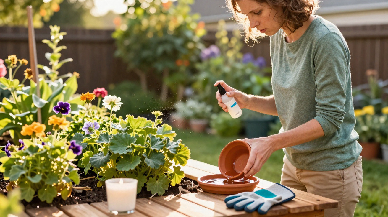 Woman spraying liquid into a plant saucer on a wooden table surrounded by flowering plants in a garden.