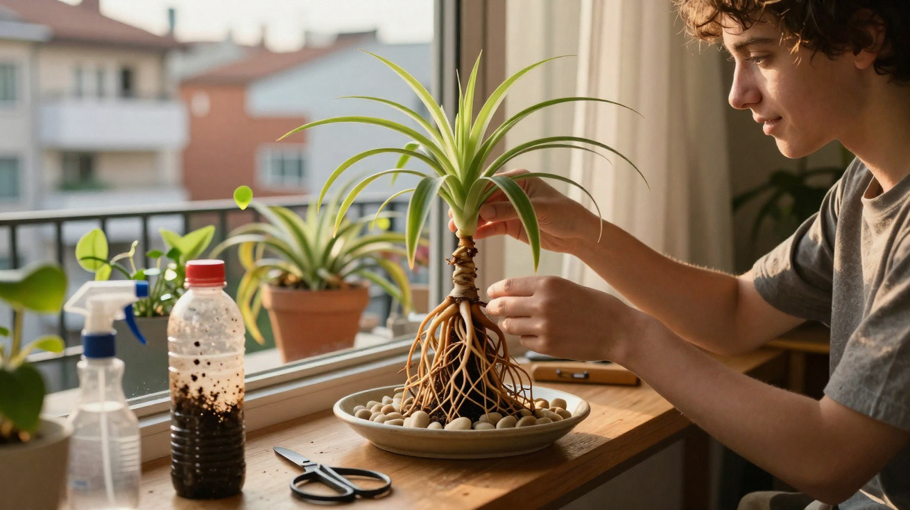 Young person tending to an air plant with exposed roots on a wooden table near a window.