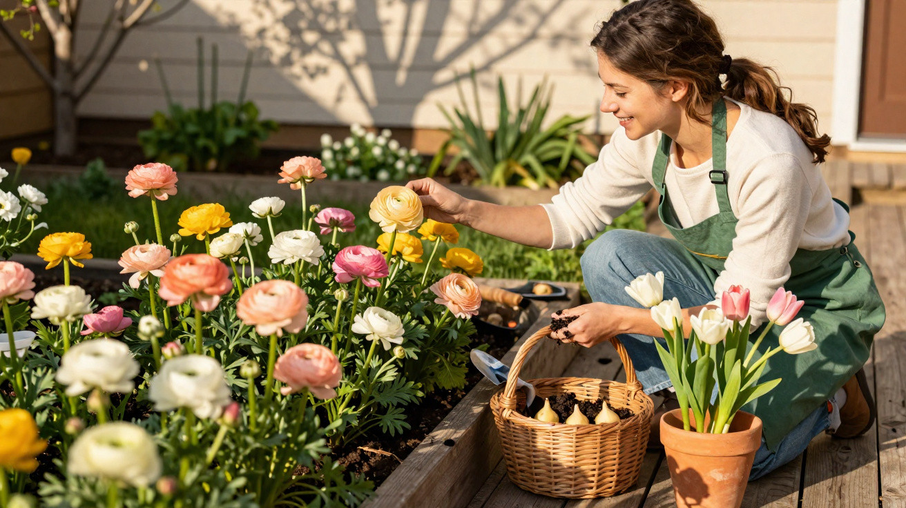 Woman in green apron tending to colourful flowers in a garden bed on a sunny day, holding a basket of bulbs.