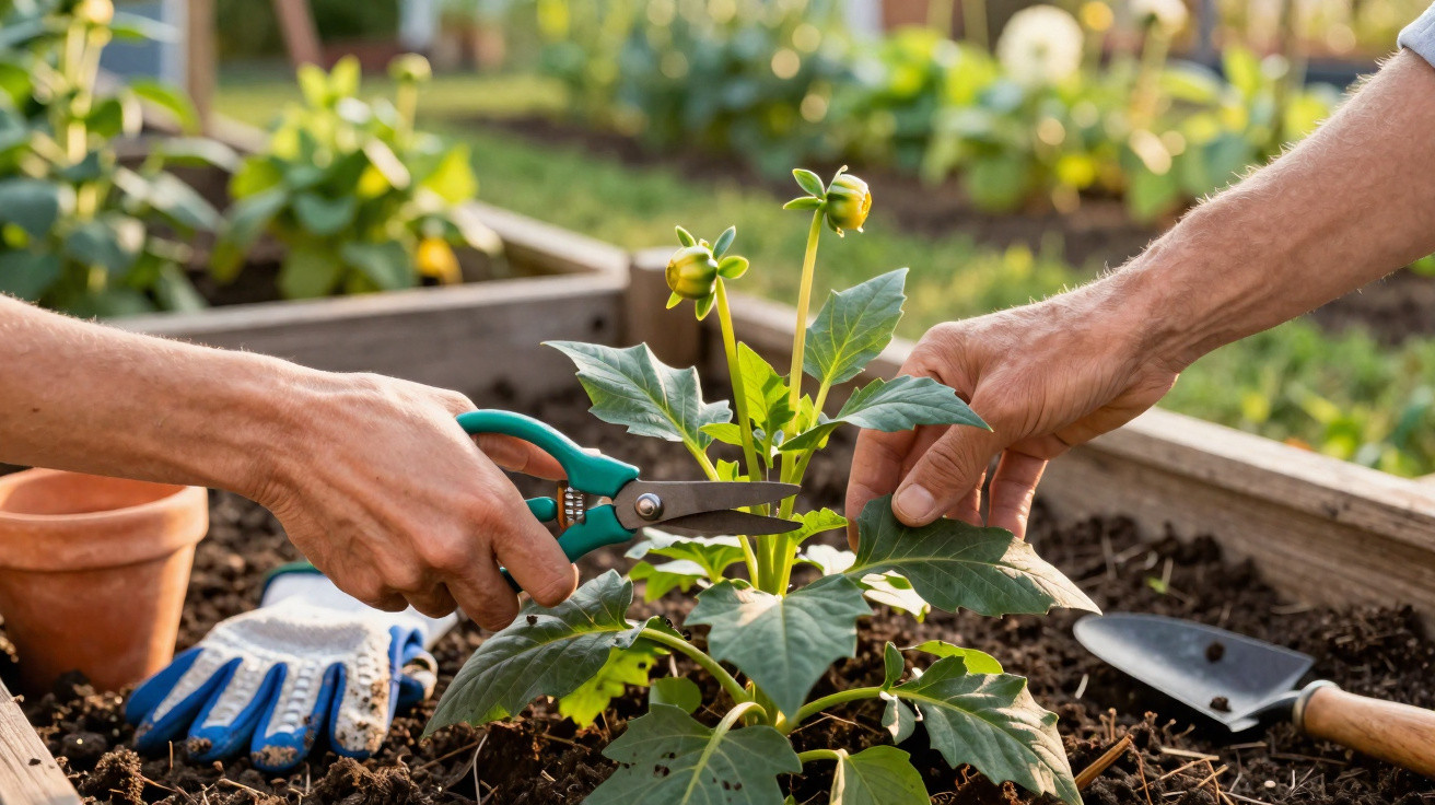 Two hands pruning a green plant in raised garden bed with gardening gloves and trowel nearby.