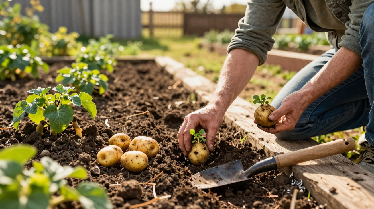 Person harvesting potatoes from soil in a garden bed on a sunny day with gardening trowel nearby.