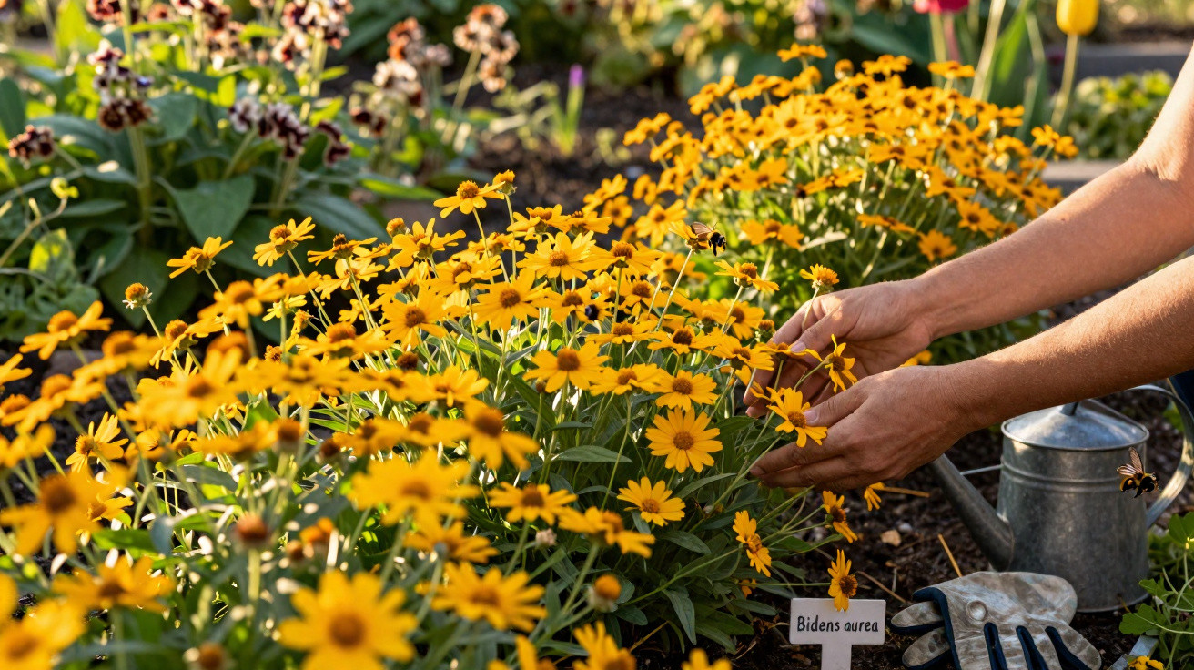 Hands tending to vibrant yellow Bidens aurea flowers in a sunlit garden bed with gardening tools nearby.
