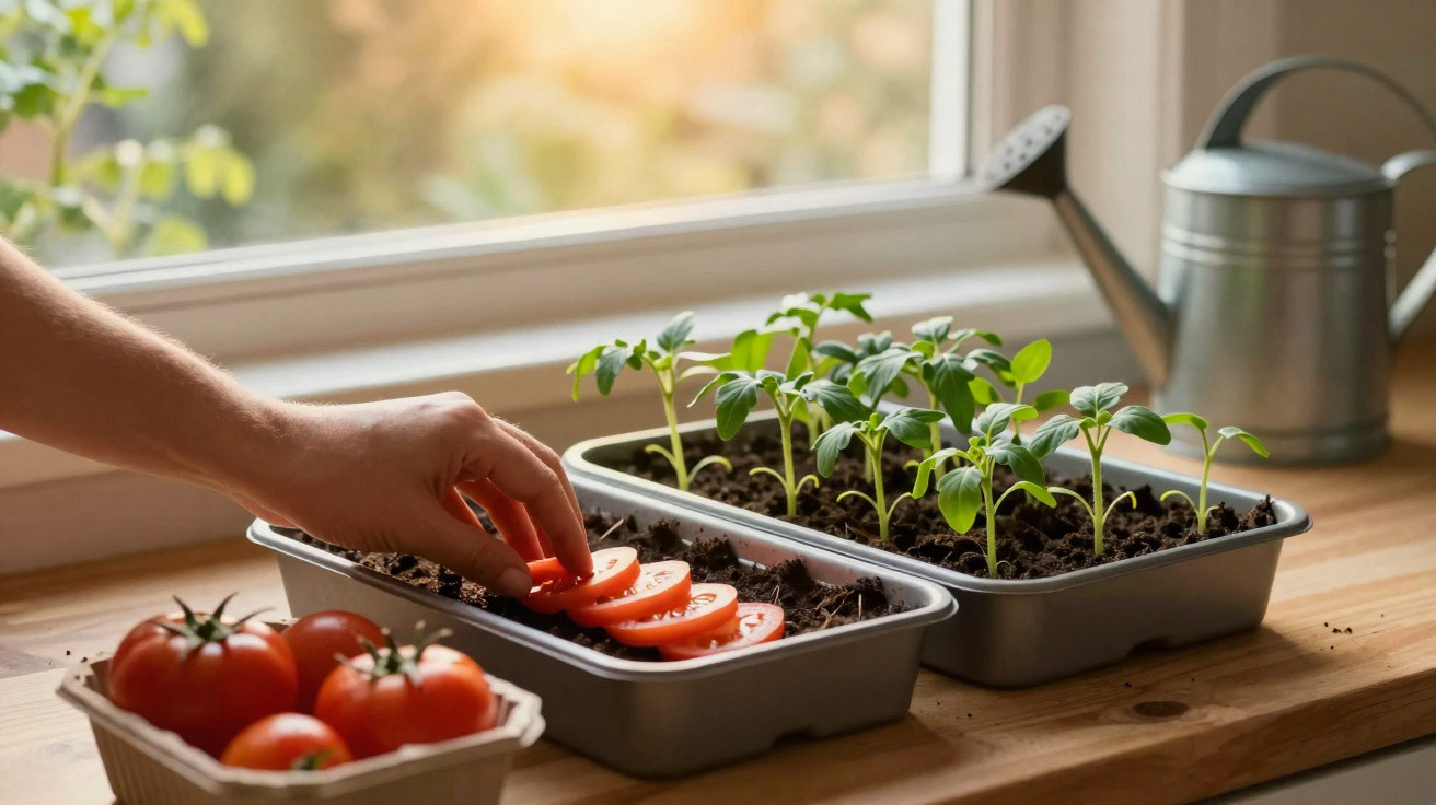 Hand placing tomato slices in soil with young tomato plants and whole tomatoes nearby on wooden bench.
