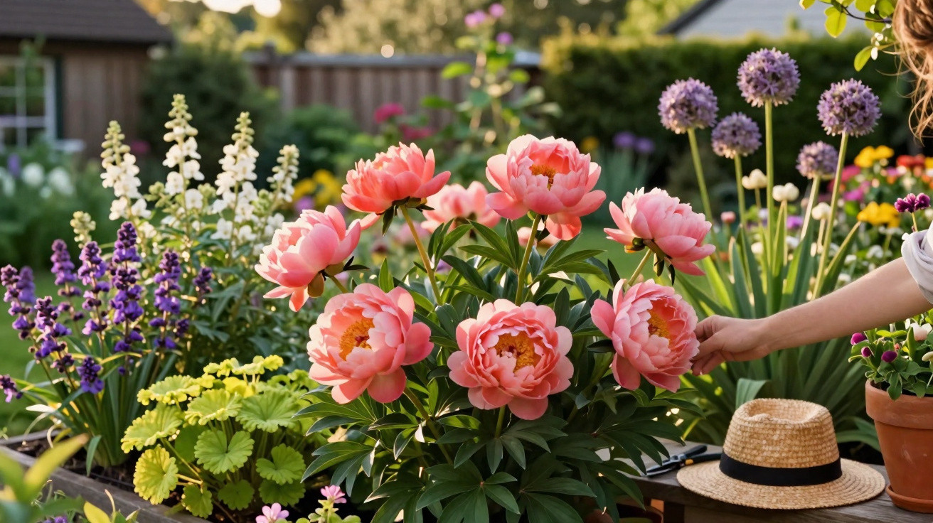 A hand gently touching pink peonies surrounded by various colourful flowers in a sunny garden.