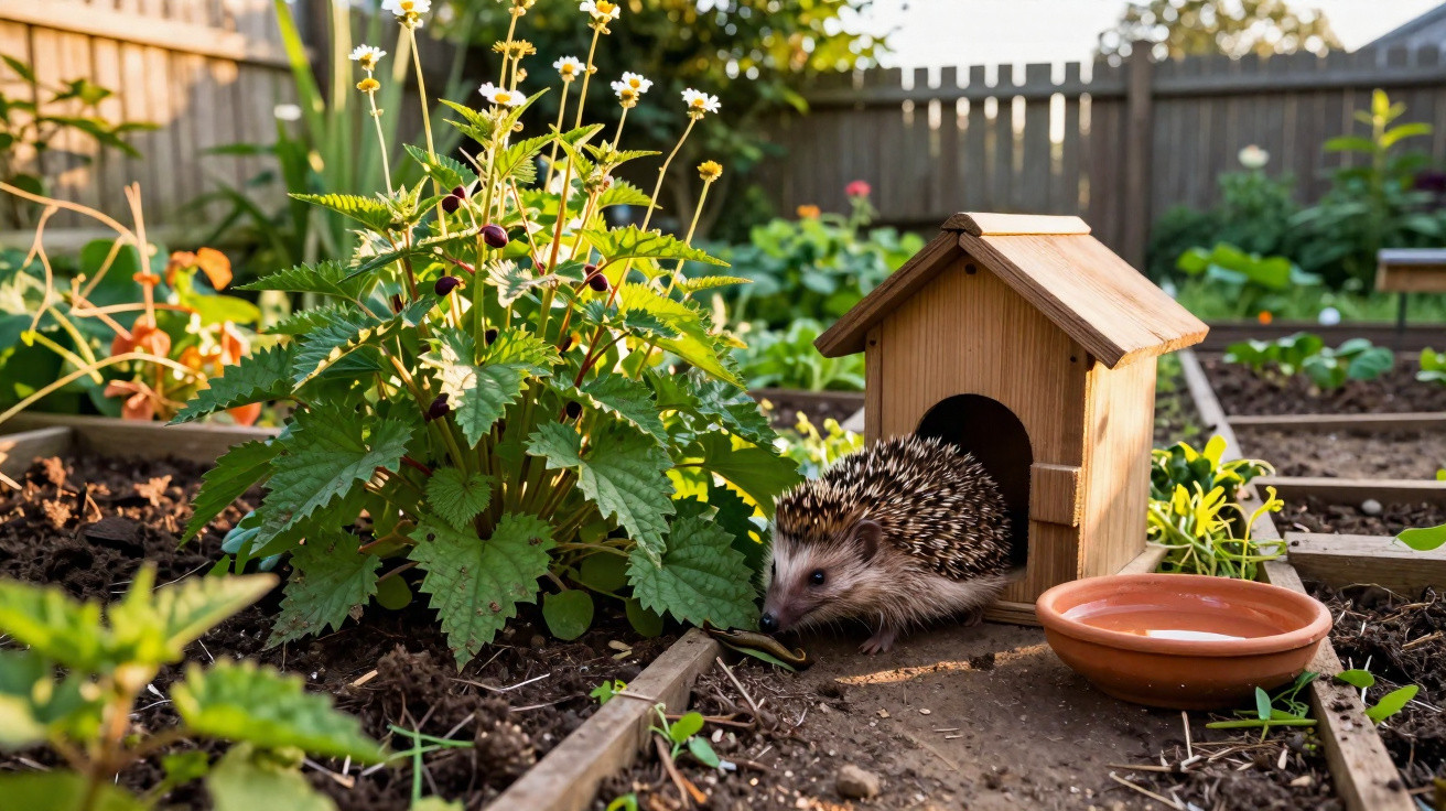 A hedgehog emerging from a small wooden house in a garden with plants and a water dish nearby.