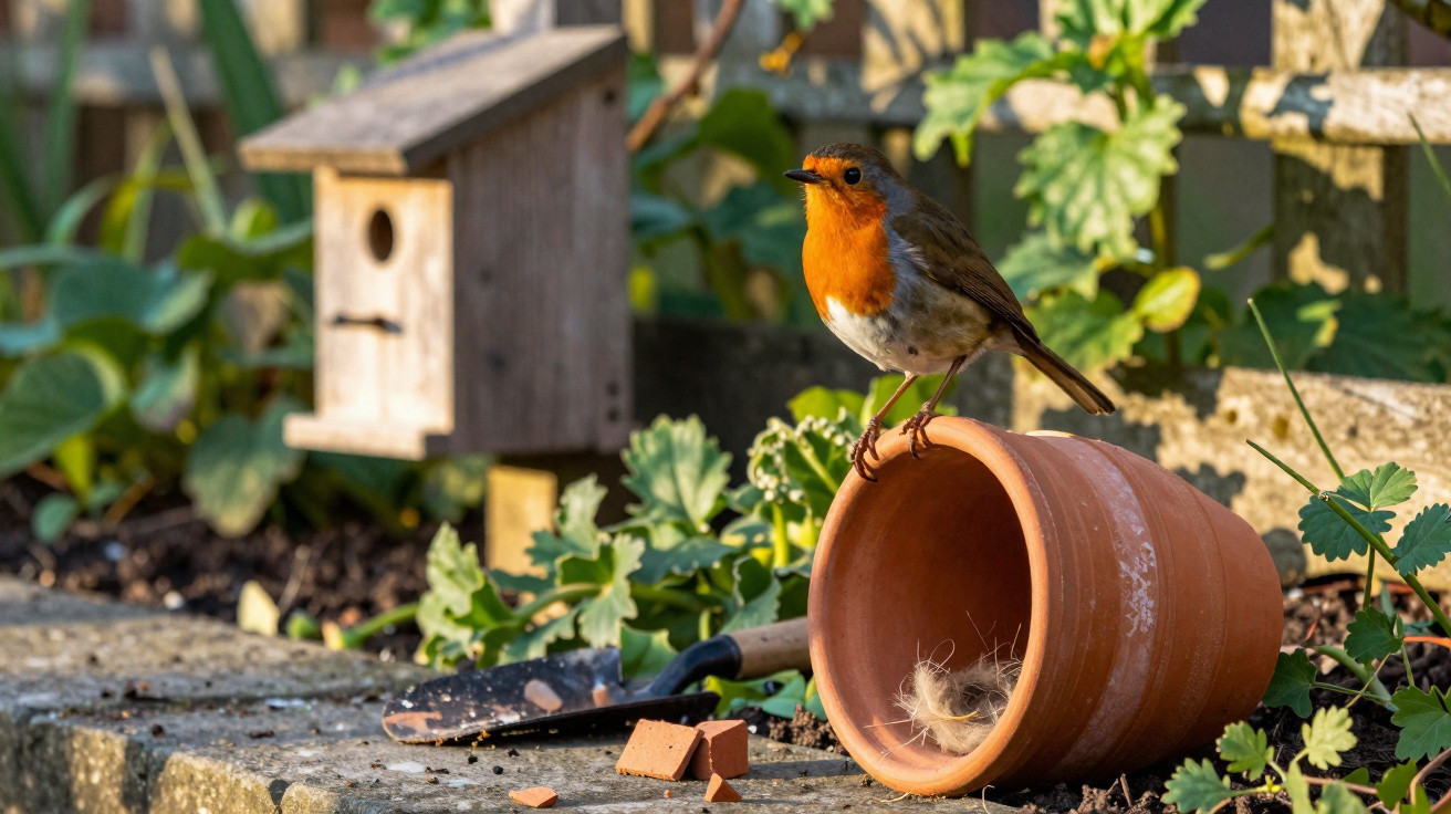European robin perched on a tipped terracotta pot in a garden with plants and a wooden birdhouse nearby.