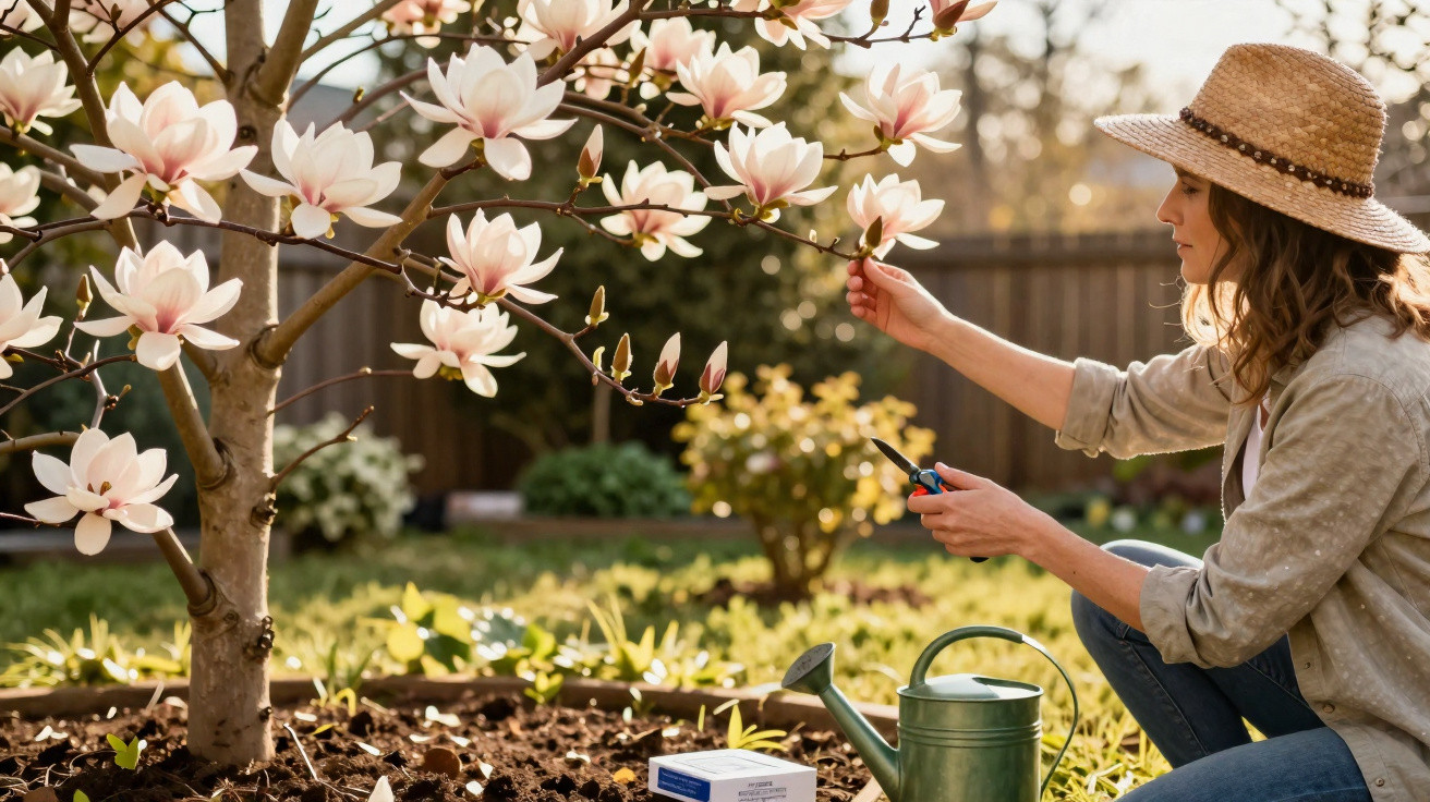 Woman pruning magnolia tree blossoms in sunlit garden with watering can nearby