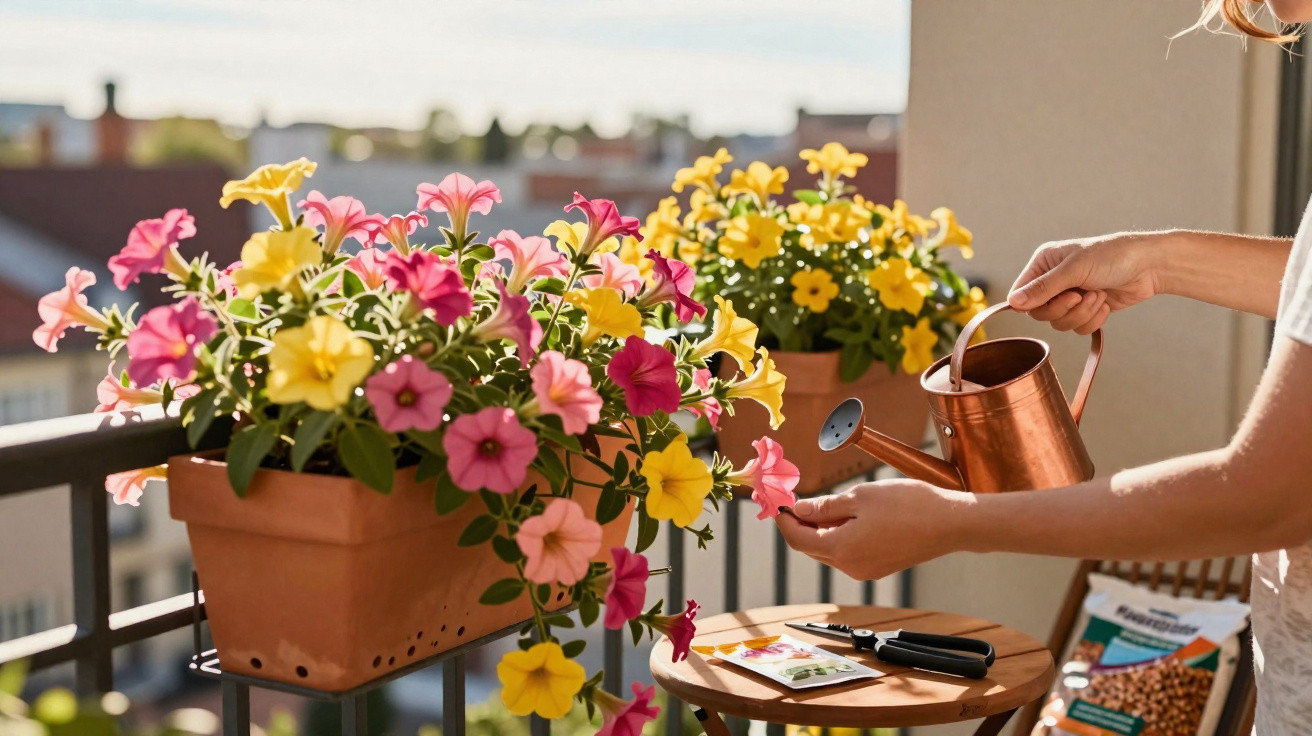 Person watering pink and yellow flowers on a balcony with a copper watering can in sunlight.