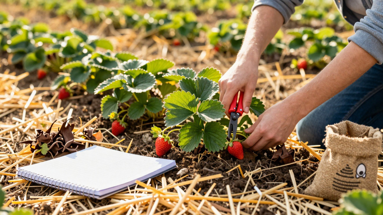 Person harvesting ripe strawberries with scissors in a garden bed covered with straw mulch and a notebook nearby.