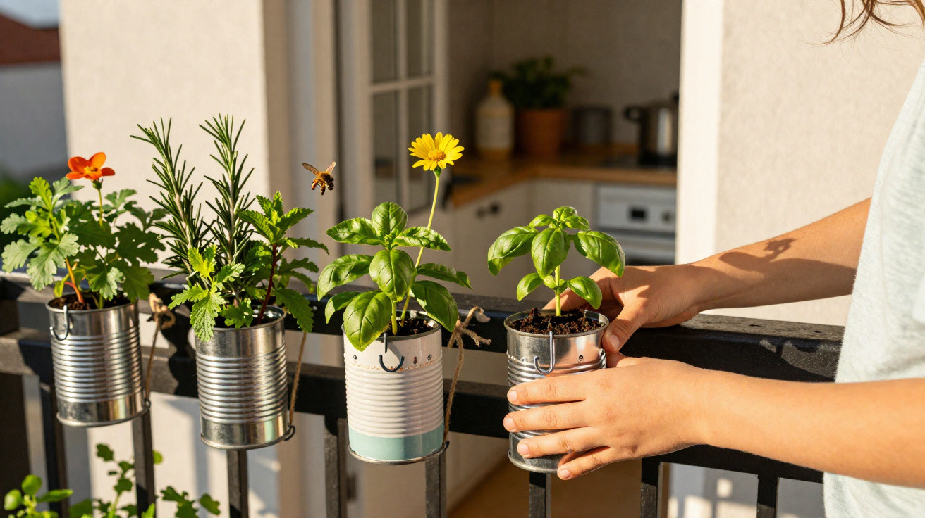 Person tending to herbs and flowers growing in recycled tin cans on a balcony railing in sunlight.