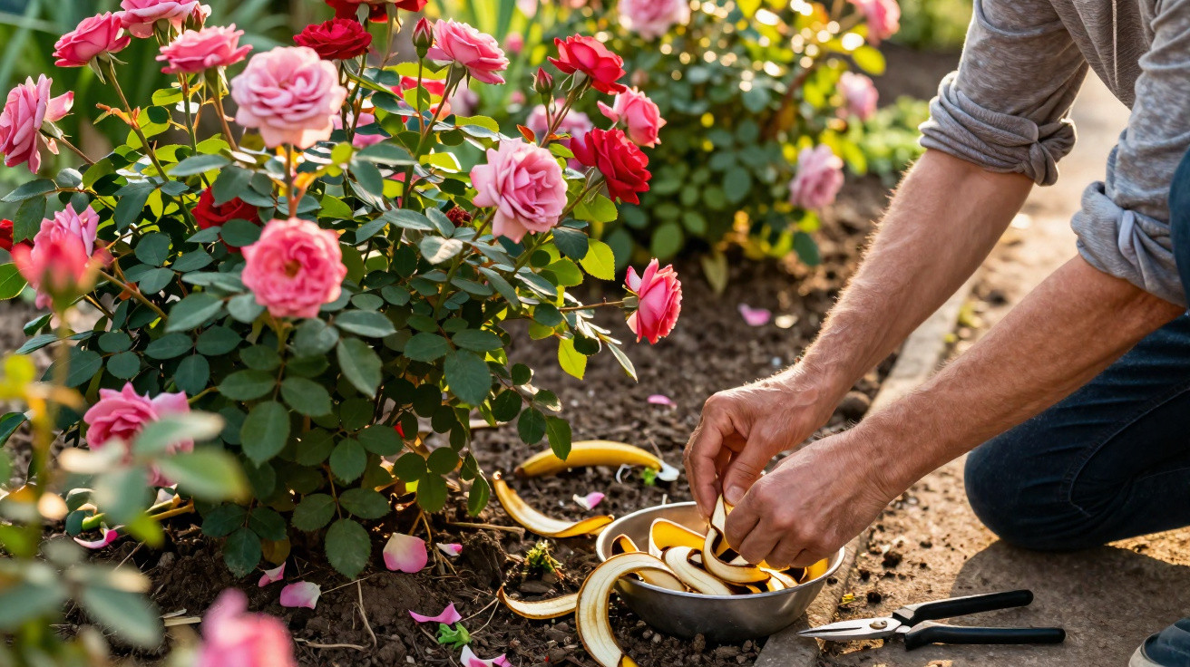 Person placing banana peels around pink and red rose bushes in a garden bed on a sunny day.