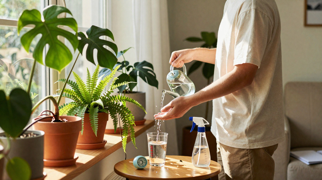 Person filling a glass with water next to houseplants on a sunny windowsill and a small round table.