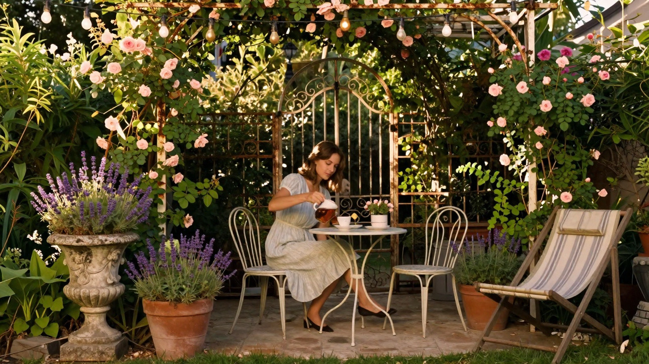 Woman in a white dress pouring tea at a small table under an archway covered with pink roses and string lights.